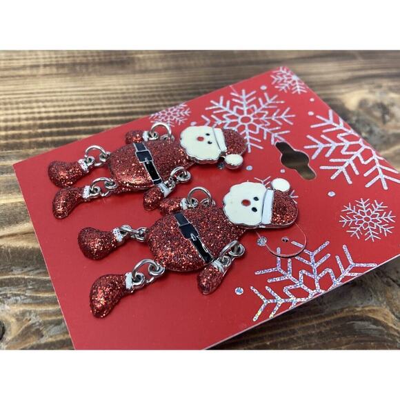 Santa Christmas Holiday Enameled Dangle Drop Earrings Red Sparkle - Picture 4 of 6